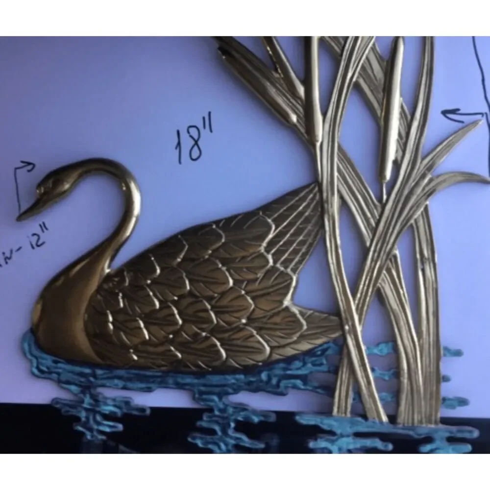 VTG Handmade Brass Wall Hanging Swan Large Water Scene Sculpture Artwildlife 18